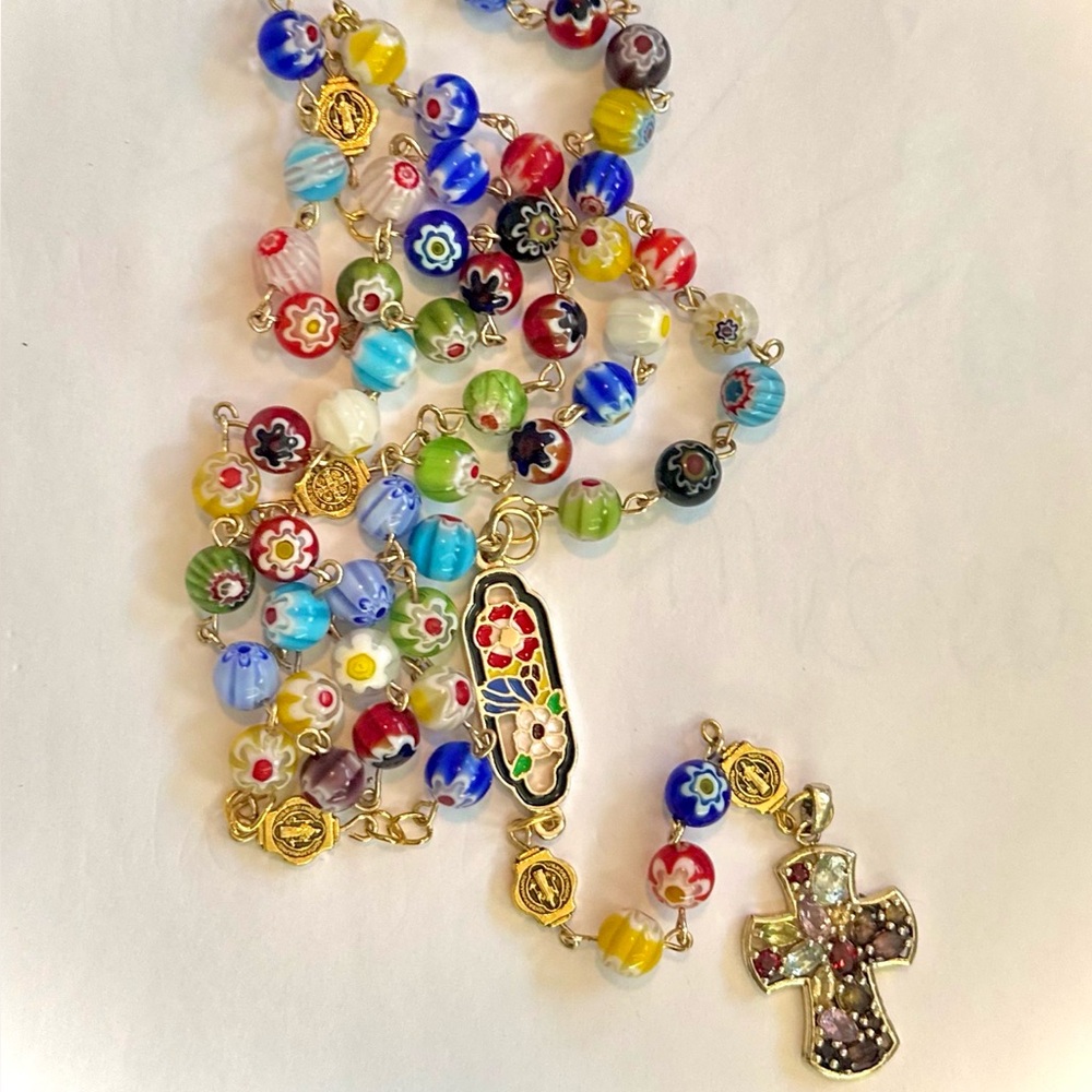 Colorful Beaded Rosary Necklace with Cross Pendant